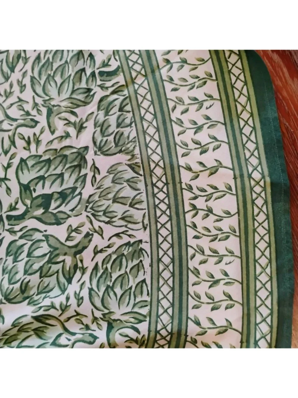 Vintage Pomegranate Inc 86” Round Tablecloth, Artichokes, Green Block Print